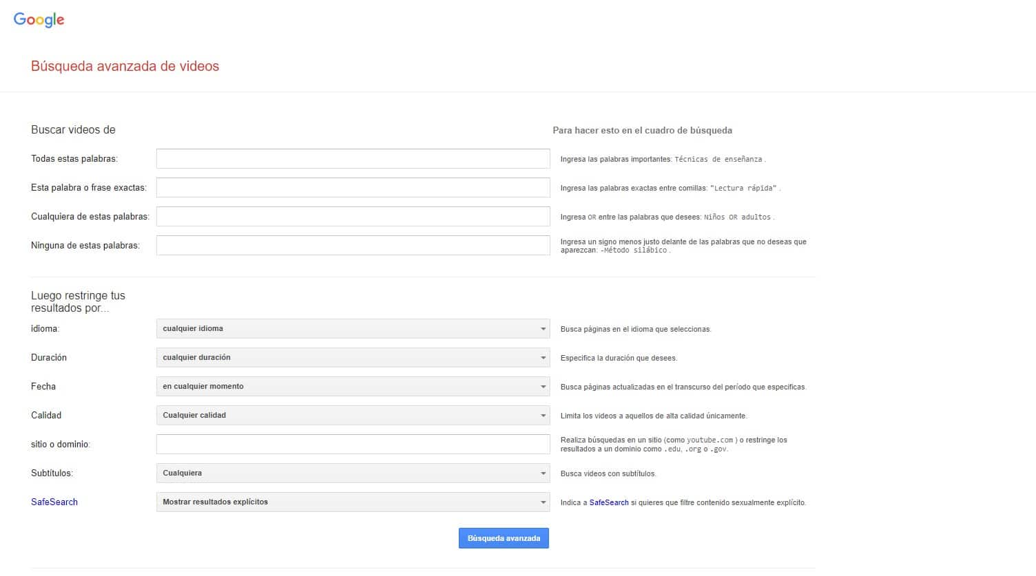 cómo hacer una búsqueda avanzada de videos en Google