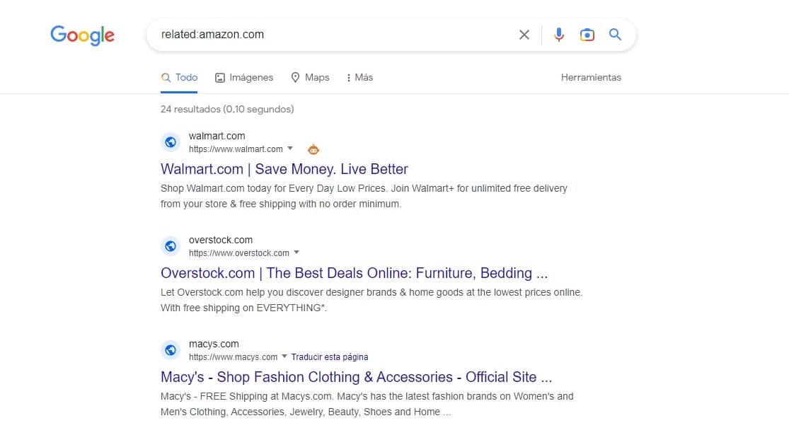 comando para buscar sitior relacionados en Google