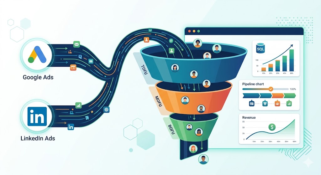 Ilustración de un embudo de ventas B2B que muestra el flujo de leads desde Google Ads y LinkedIn Ads hacia las etapas TOFU, MOFU y BOFU, conectando con un dashboard digital que visualiza métricas de SQL, pipeline y revenue